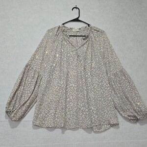 Perch by Blu Pepper 1X Leopard Print Gold Metallic‎ Ruffle Neck Balloon Sleeve